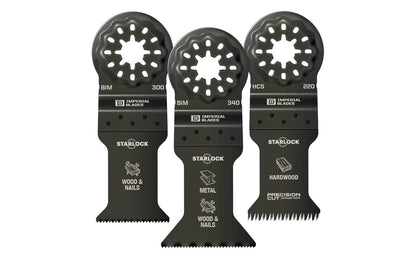 Imperial Blades "Starlock" Standard All-Purpose 3-PC Variety Pack. Includes standard all-purpose blades for an assortment of applications. Recommended applications: Metal (Non-Ferrous), Wood & Nails, Copper Pipe, Hardwood, Wood, PVC, Drywall.  Made in USA. 819846016300. Model IBSLV-3  