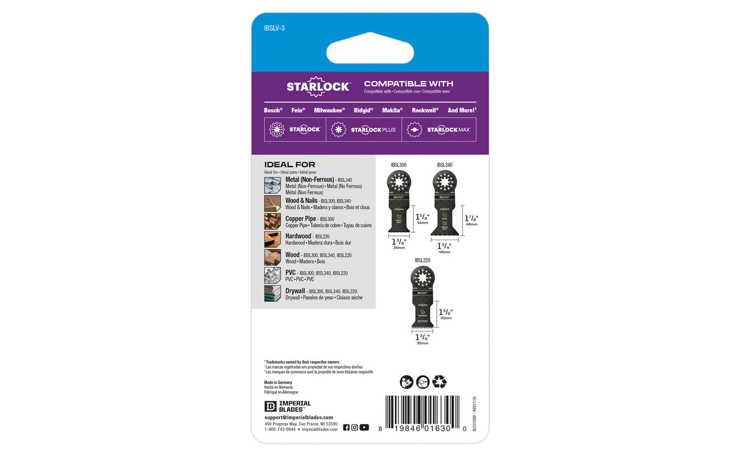 Imperial Blades "Starlock" Standard All-Purpose 3-PC Variety Pack. Includes standard all-purpose blades for an assortment of applications. Recommended applications: Metal (Non-Ferrous), Wood & Nails, Copper Pipe, Hardwood, Wood, PVC, Drywall.  Made in USA. 819846016300. Model IBSLV-3