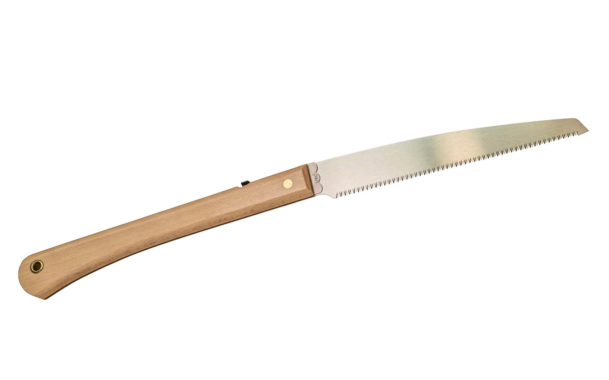 Made in Japan · Crosscut Teeth: 15 TPI ~ Good all-purpose saw ~ Foldable blade ~ 1-3/8" narrow blade - good for tight areas Brass riveted in a Beechwood handle with lanyard hole ~ Japanese pull-saw that can be used for general lumber, dry woods, & for green woods. 19" overall length folding pull-saw