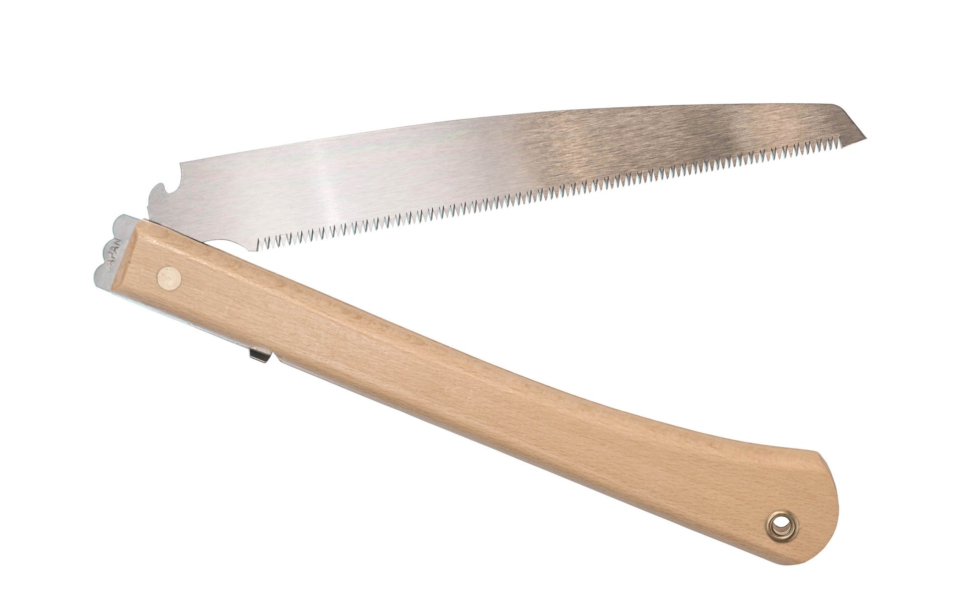 Made in Japan · Crosscut Teeth: 15 TPI ~ Good all-purpose saw ~ Foldable blade ~ 1-3/8" narrow blade - good for tight areas Brass riveted in a Beechwood handle with lanyard hole ~ Japanese pull-saw that can be used for general lumber, dry woods, & for green woods. 19" overall length folding pull-saw