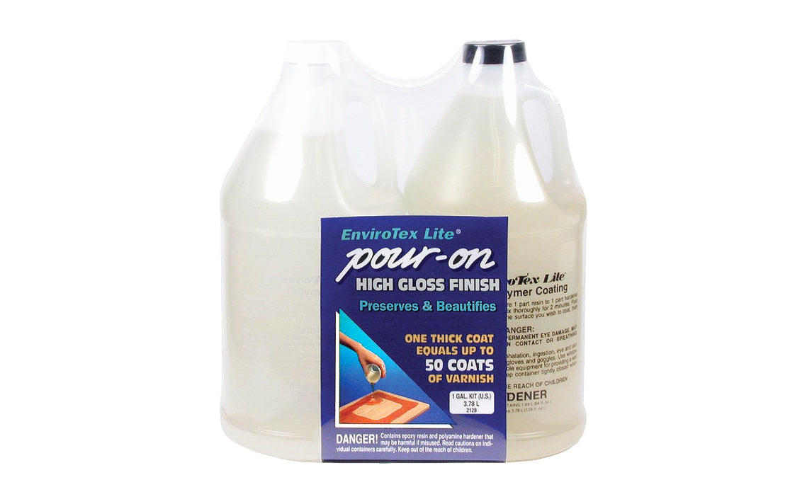 This Envirotex Lite Pour-On 1 Gal. Kit High-Gloss Finish is a clear, high-build coating for protecting & beautifying almost any material. 1 coat equals up to 50 coats of varnish. 2-part polymer coating provides a durable, high-gloss finish. Simply measure, mix, & pour. Contains no solvents. Model No. 2128. Made in USA