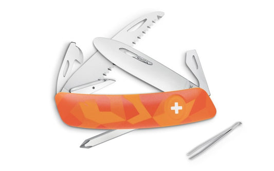 Swiza J06 Camo Orange Swiss Multi-Tool Knife. 3-3/4" closed length. Includes 75 mm blade, saw blade, blade lock, reamer/punch, sewing awl, bottle opener, #3 slotted screwdriver, #1 slotted screwdriver, #1 phillips screwdriver, wire bender, can opener, tweezers. Swiss Army Style Knife. Made in Switzerland.