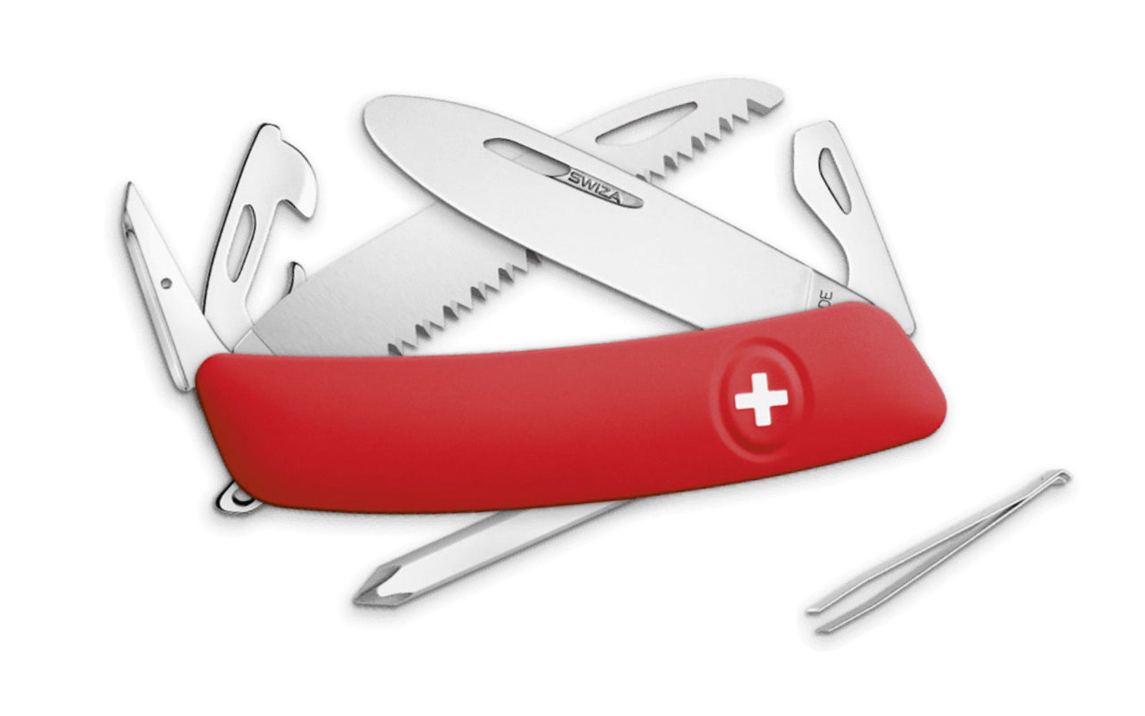 Swiza J06 Red Swiss Multi-Tool Knife. 3-3/4" closed length. Includes 75 mm blade, saw blade, blade lock, reamer/punch, sewing awl, bottle opener, #3 slotted screwdriver, #1 slotted screwdriver, #1 phillips screwdriver, wire bender, can opener, tweezers. Swiss Army Style Knife. Made in Switzerland.