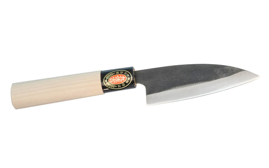 Yoshida Hamono Japanese Kyusakichi "Ko Hocho" Laminated Knife is a good shorter kitchen knife.  4" (105 mm) long cutting edge is suitable for smaller slicing & cutting tasks. Laminated with high carbon and mild steel. 105 mm short blade. Wooden Handle. Made in Japan. Model 6051. 4951572006807. Kusakichi Kitchen Knife