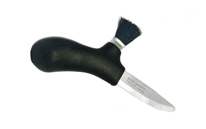Mora Stainless Mushroom Knife ~ Made in Östnor, Sweden · Made of high quality stainless steel ~ 2-3/8" long blade ~ Blade extends down through handle ~ Horsehair brush for cleaning mushrooms ~ Mora 1-1502 ~ 7391846012344