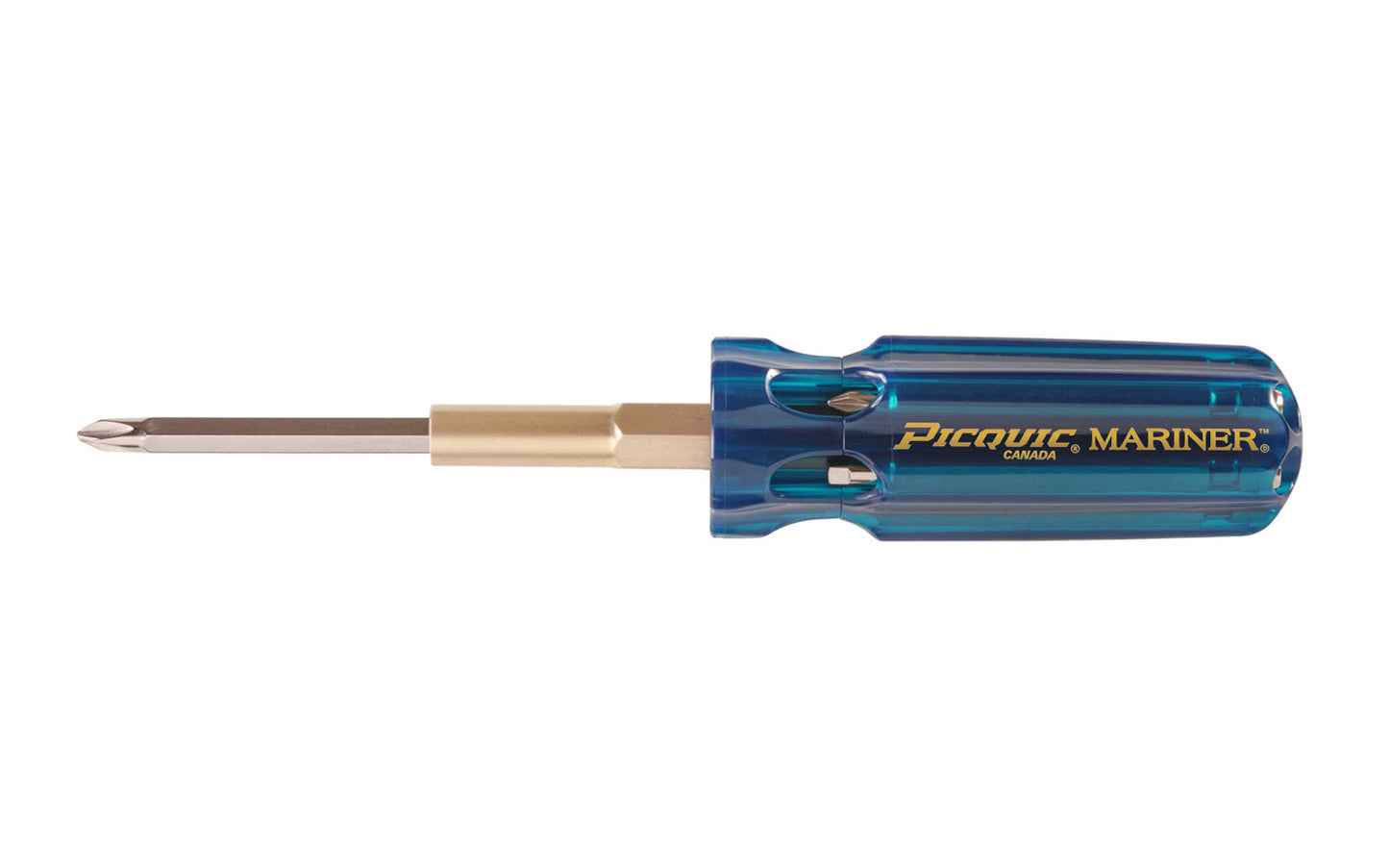 Handle made in Canada ~ Model No. 88102B. Multi-bit Picquic "Mariner" screwdriver is perfect for any marine environment. It has Electroless nickel plated bits to resist corrosion. Bits included: #1, #2, #3 philips, #2 square, 1/8", 1/4",  3/16" slotted. Bit storage in handle. 57369881054. Marine grade anti-corrosive