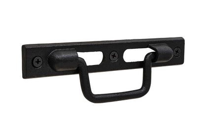 A rustic-looking "Mission-style" cast iron drop pull. Made of cast iron material, this bin pull is thick & stout. Drop pull D-handle allows for many different uses, including use on trunks. Great for drawers, cabinets, furniture. 5-1/2" on Centers - Drawer Pull. Cast Iron D-Handle Pull. Cast Iron Mission Pull Handle