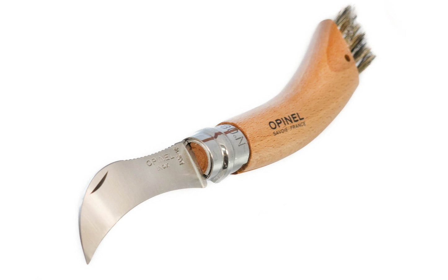 Made in France · Opinel Stainless Steel Mushroom Knife. 3" long foldable blade with stainless locking collar. Specially designed for harvesting & cleaning mushrooms. Made of 12c27 Sandvik stainless steel. Beechwood handle with Genuine Boar's hair brush. Couteau a Champignon No. 08.