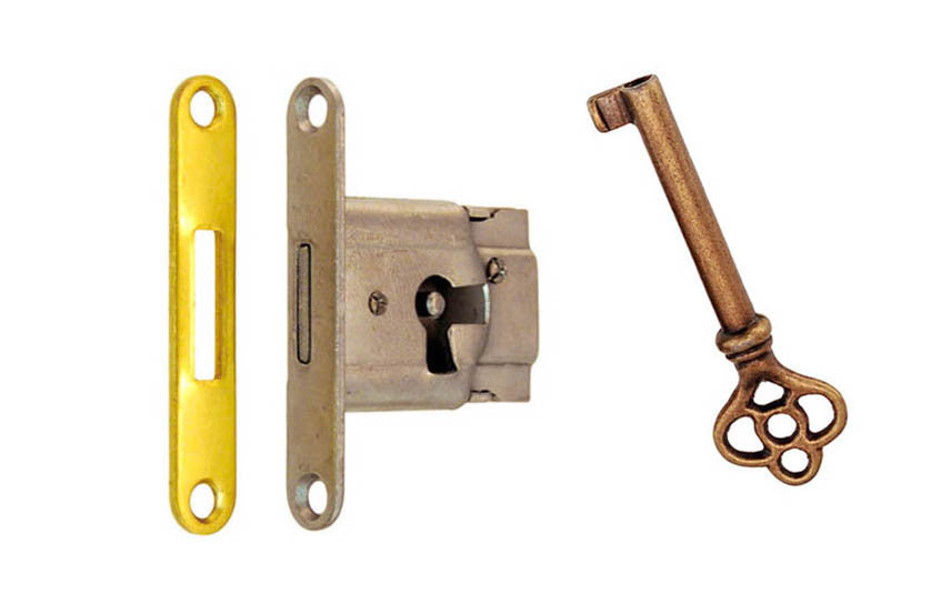 Full Mortise Cabinet Door or Drawer Lock W/Plate and Skeleton Key - Antique Furniture Hardware | UA-035-L
