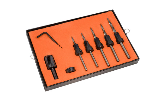 W.L. Fuller No. 6 Set - Model 10390006 - Combination countersink & taper drill bit set with a 3/8" plug cutter & stop collar made by WL Fuller. Set is designed for #5, #6, #7, #8, & #9 wood screws. Made of carbon steel & heat-treated ~ For use in woods & plastics. Four flutes for clean & accurate boring. Made in USA