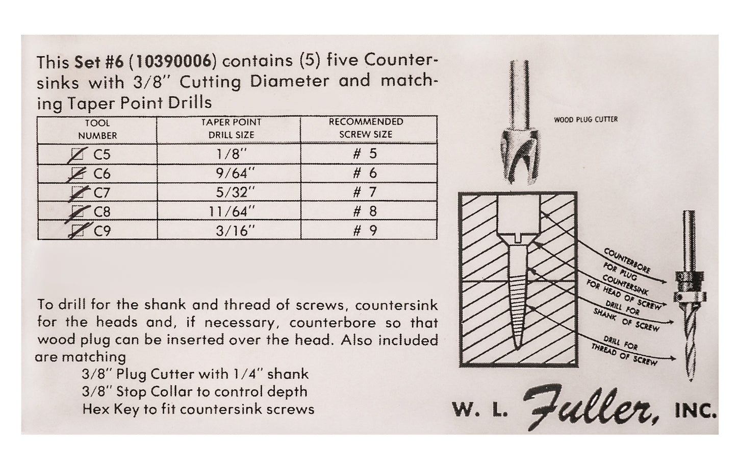 WL Fuller No. 6 Set - Countersink & Tapered Drill Bit Set ~ 10390006