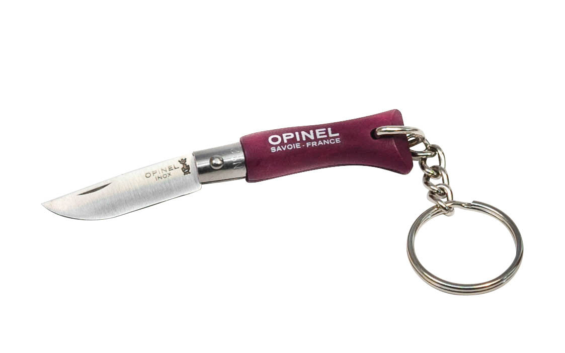 Opinel Mini Stainless Steel Knife with Keychain ~ "Plum" Color ~ Mini No. 2 stainless model ~ Foldable blade ~ Made of 12c27 Sandvik stainless steel~ Painted beechwood handle ~ Sturdy keychain & ring attached