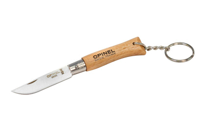 Opinel Stainless Steel Knife with Keychain ~ Made in France · Nos. 2 & 4 stainless models ~ Foldable blade ~ Made of 12c27 Sandvik stainless steel ~ Beechwood handle ~ Sturdy keychain attached