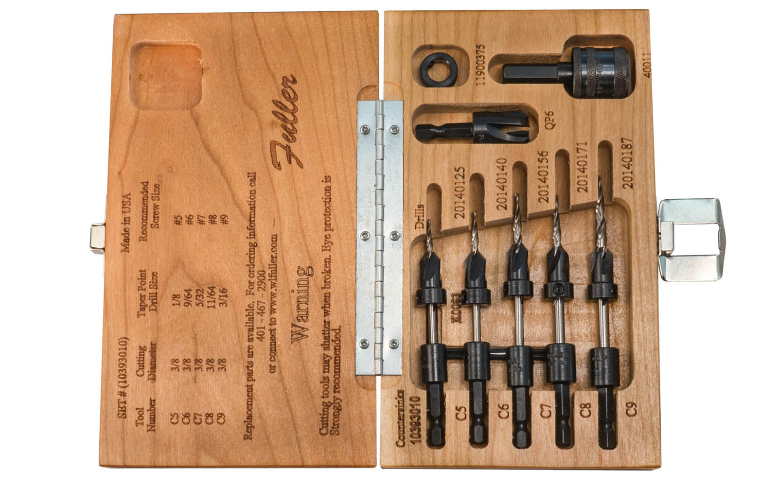 W.L. Fuller No. 10 Set - Model 10393010 - Combination countersink & quick change taper drill bit set with plug cutter, quick change adapter & stop collar. Designed for #5, #6, #7, #8, & #9 wood screws. Carbon steel & heat-treated. Four flute countersinks for clean & accurate boring. Hex Drill Bits. Made in USA