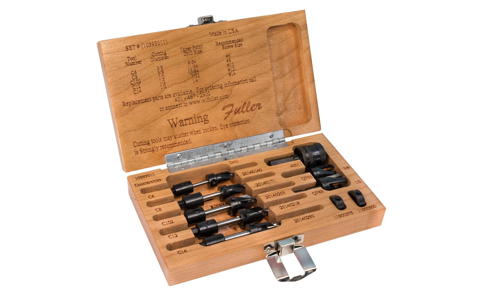 W.L. Fuller No. 11 Set - Model 10393011 - Combination countersink & quick change taper drill bit set with plug cutters, quick change adapter & stop collars. Designed for #6, #8, #10, #12, & #14 wood screws. Carbon steel & heat-treated. Four flute countersinks for clean & accurate boring. Hex Drill Bits. Made in USA