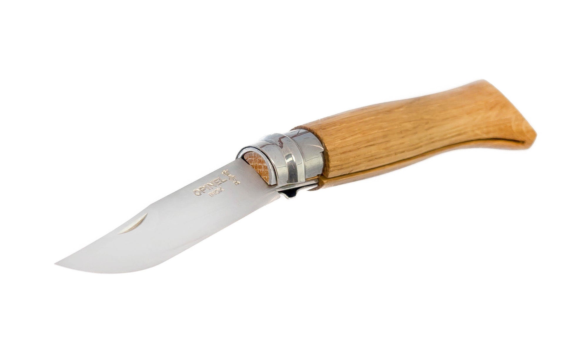 Opinel Stainless Steel Knife ~ Oak Handle ~ Made in France ~ Foldable blade with stainless locking collar ~ Made of 12c27 Sandvik stainless steel ~ Special Oak wood handle ~ Includes "gift" paper sleeve