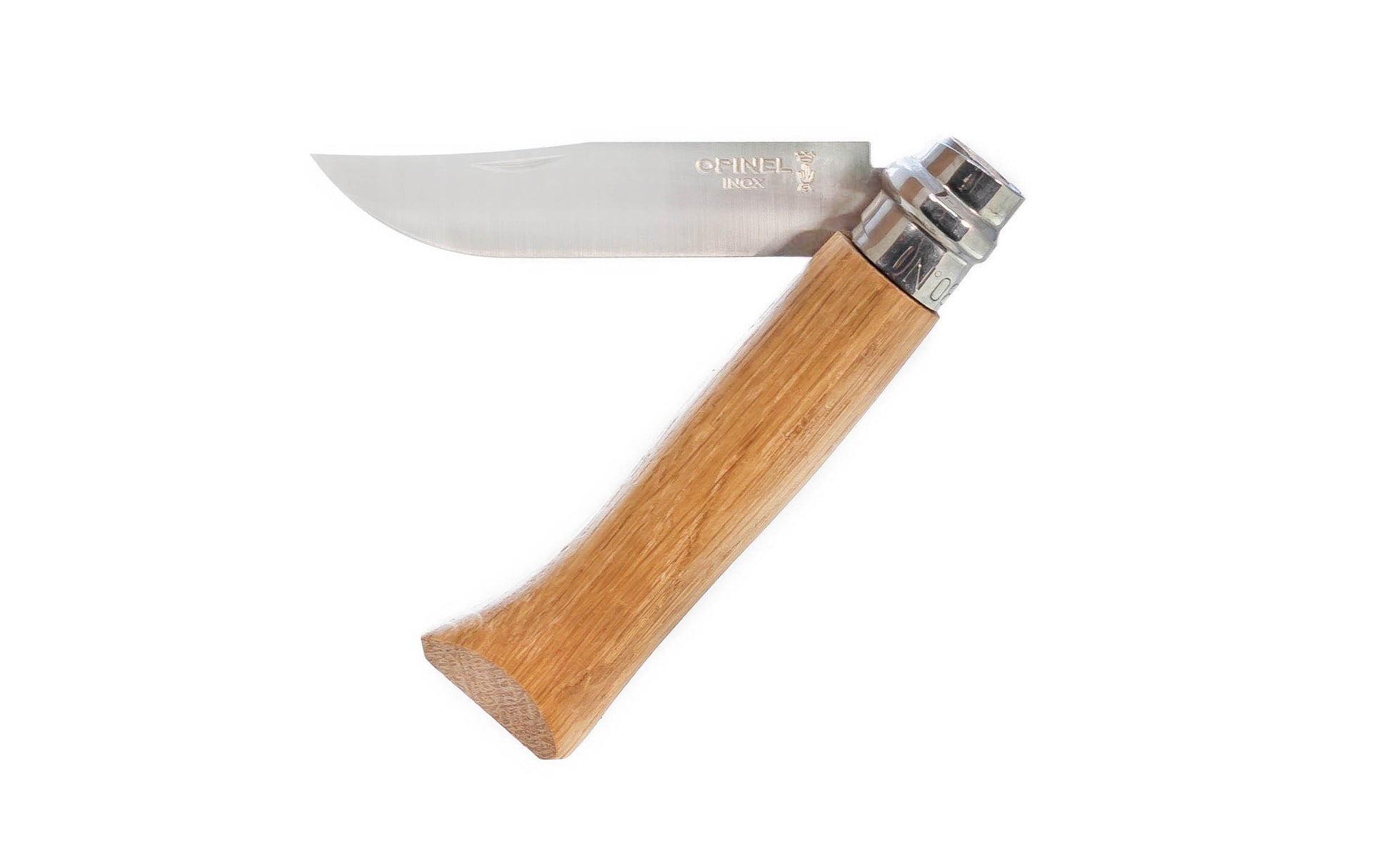 Opinel Stainless Steel Knife ~ Oak Handle ~ Foldable Knife ~ Opinel Stainless Steel Knife ~ Oak Handle ~ Made in France ~ Foldable blade with stainless locking collar ~ Made of 12c27 Sandvik stainless steel ~ Special Oak wood handle ~ Includes "gift" paper sleeve