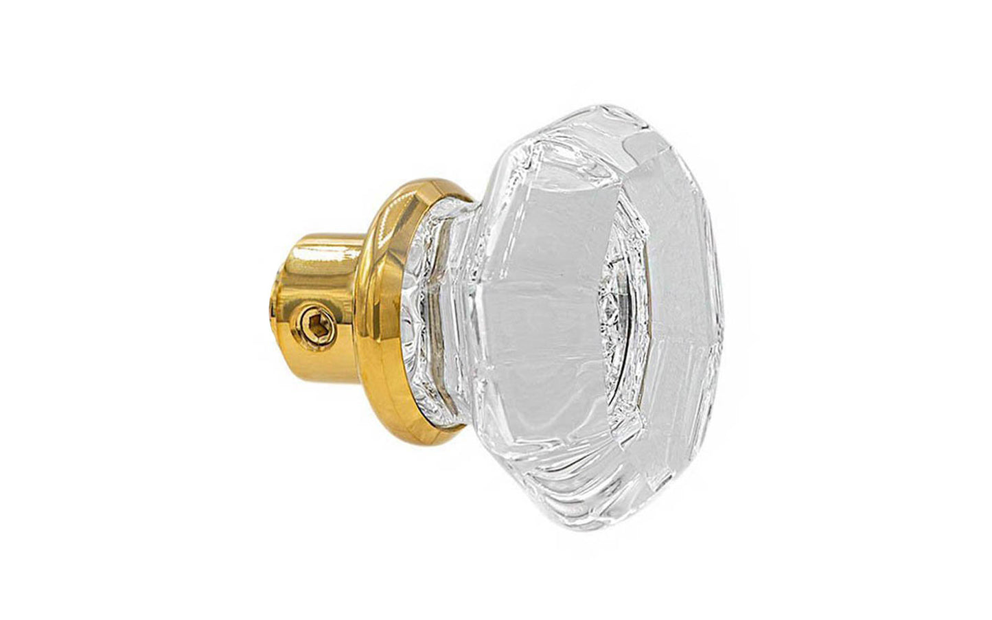 Single Classic Octagonal Clear Glass Doorknob. A high quality & genuine glass doorknob with an attractive Octagon design. The sparkling center point under glass amplifies reflected light to showcase beautiful facets. Solid brass base. Reproduction Glass Door Knobs. Traditional Octagonal Glass Knobs. One knob. Lacquered Brass Finish.