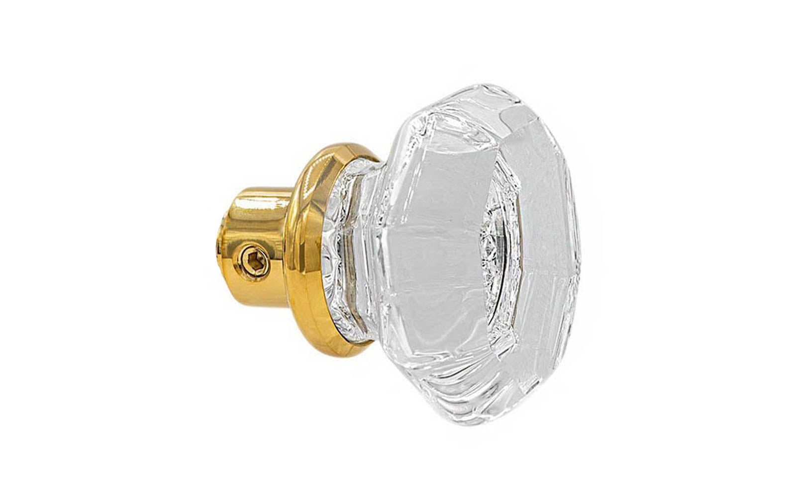 Single Classic Octagonal Clear Glass Doorknob. A high quality & genuine glass doorknob with an attractive Octagon design. The sparkling center point under glass amplifies reflected light to showcase beautiful facets. Solid brass base. Reproduction Glass Door Knobs. Traditional Octagonal Glass Knobs. One knob. Lacquered Brass Finish.