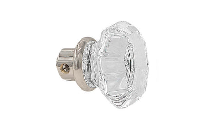 Single Classic Octagonal Clear Glass Doorknob. A high quality & genuine glass doorknob with an attractive Octagon design. The sparkling center point under glass amplifies reflected light to showcase beautiful facets. Solid brass base. Reproduction Glass Door Knobs. Traditional Octagonal Glass Knobs. One knob. Polished Nickel Finish