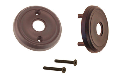 Classic Solid Brass Rosette Set ~ Passage (Non-Locking) ~ Oil Rubbed Bronze Finish ~ Vintage-style Hardware · Classic & traditional ~ 2-3/4" diameter doorknob rosettes ~ Made of solid brass material ~ For modern pre-bored (2-1/8" hole) doors