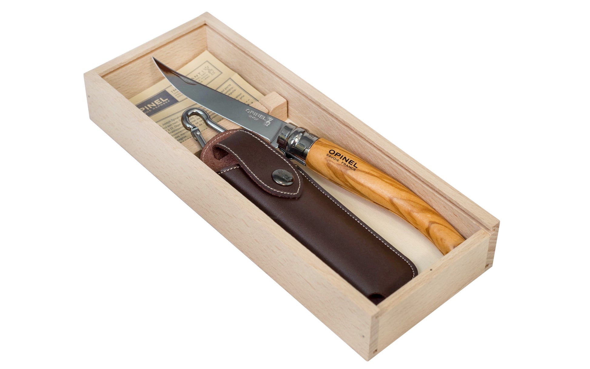 Opinel Stainless Steel "Effilés" Slim Knife ~ Olivewood Handle Gift Box Set ~ Made in France ~ Opinel "Slim" No. 10 ~ 4" long blade ~ Foldable blade with locking stainless collar