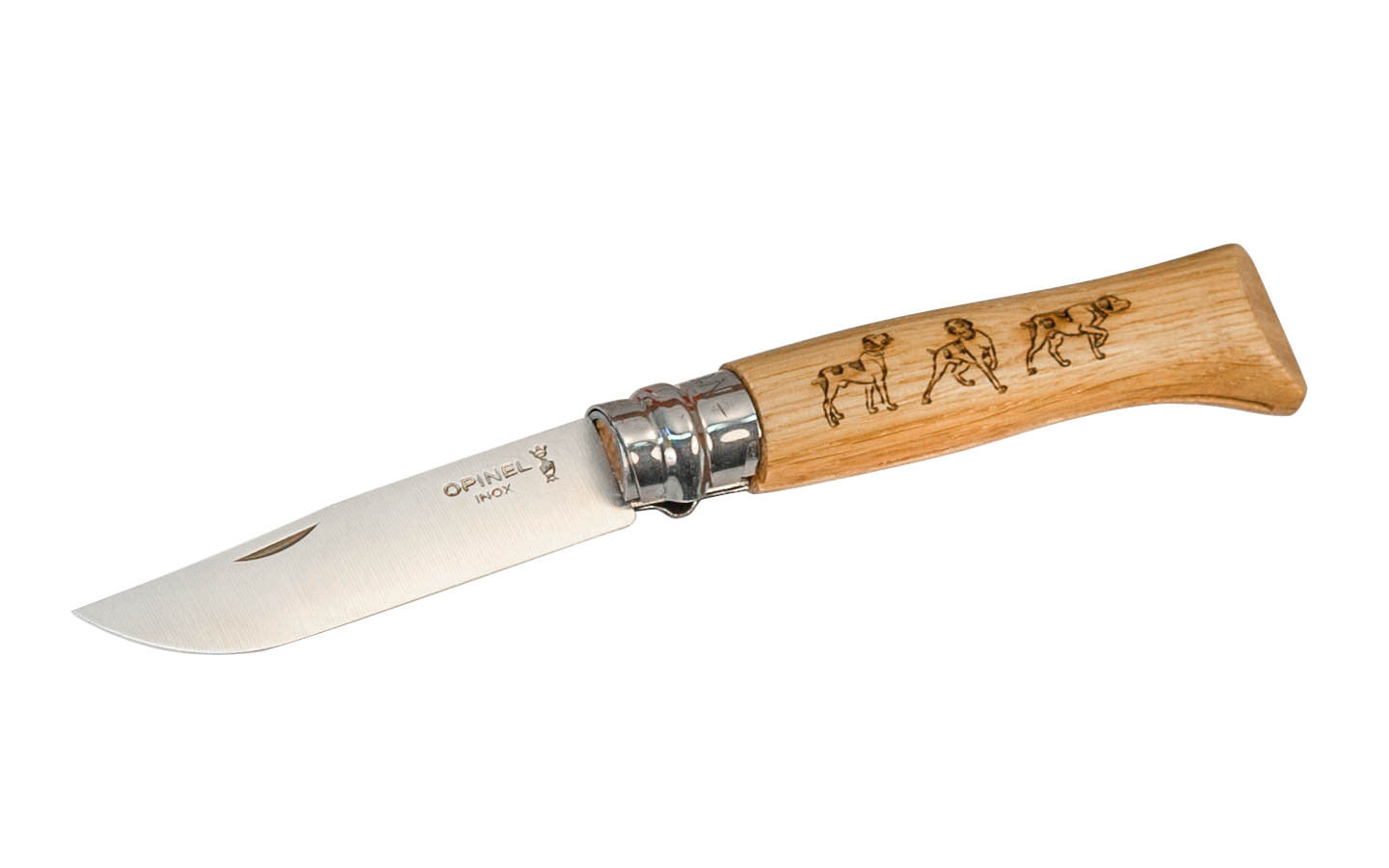 Opinel Stainless Steel Knife ~ Decorated "Dog" Handle ~ Made in France ~ 3-1/4" long foldable stainless blade with stainless locking collar ~ Beechwood handle with specially engraved dog motif ~ Great for dog lovers!