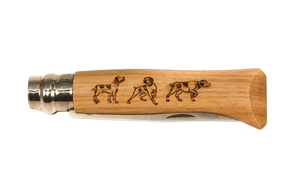 Opinel Stainless Steel Knife ~ Decorated "Dog" Handle ~ Made in France ~ 3-1/4" long foldable stainless blade with stainless locking collar ~ Beechwood handle with specially engraved dog motif ~ Great for dog lovers!