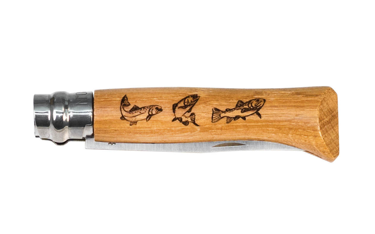 Opinel Stainless Steel Knife ~ Decorated "Fish" Handle ~ Folded Position & Locked ~ 3-1/4" long foldable stainless blade with stainless locking collar ~ Beechwood handle with specially engraved fish motif ~ Great for fishing! 
