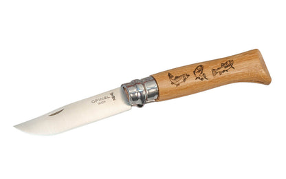 Opinel Stainless Steel Knife ~ Decorated "Fish" Handle ~ Made in France ~ 3-1/4" long foldable stainless blade with stainless locking collar ~ Beechwood handle with specially engraved fish motif ~ Great for fishing! 