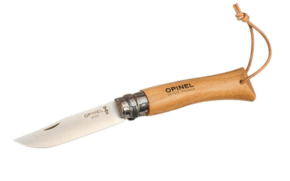 Opinel Stainless Steel Knife ~ Made in France ~ Sturdy leather lanyard attached ~ Foldable blade with stainless locking collar ~ Made of 12c27 Sandvik stainless steel ~ Genuine Beechwood