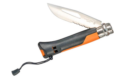 Opinel Stainless Steel Outdoor Survival Knife ~ Orange Handle ~ Foldable Blade ~ 3-1/4" long foldable blade with stainless locking collar ~ Partial serrated edge ~ Survival whistle (110 decibels) on handle ~ Durable handle