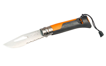 Opinel Stainless Steel Outdoor Survival Knife ~ Orange Handle ~ Made in France ~ 3-1/4" long foldable blade with stainless locking collar ~ Partial serrated edge ~ Survival whistle (110 decibels) on handle ~ Durable handle