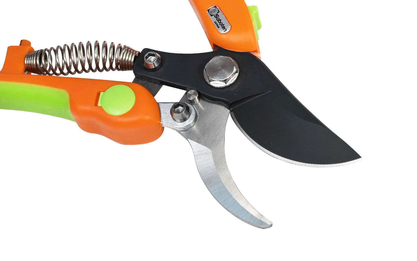 Japanese Saboten Compound-Action Bypass Pruner ~ Made in Japan · Hardened Japanese steel blade with telfon coating ~ 8" length ~ 1" cutting dia. max (live) ~ Compound-action increases cutting leverage & power