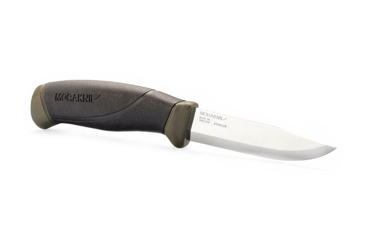 Mora Stainless Knife ~ Outdoor Companion ~ Made in Östnor, Sweden · Made of high quality stainless steel ~ 4-1/8" long sharp fixed blade ~ 3/32" thick blade ~ High friction grip patterned handle ~ Mora 11827 ~ 7391846010128