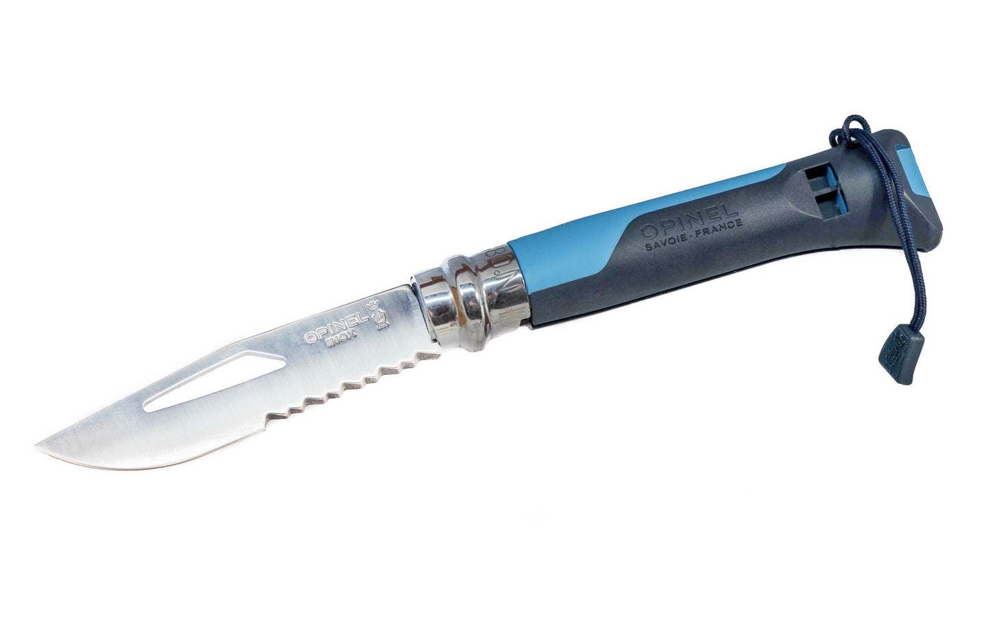 Opinel Stainless Steel Outdoor Survival Knife ~ Blue Handle ~ Made in France ~ 3-1/4" long foldable blade with stainless locking collar ~ Partial serrated edge ~ Survival whistle (110 decibels) on handle ~ Durable handle