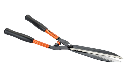 Bahco 23" Precision Hedge Shears with Steel Handles are high quality sharp shears for professional use. Great for outdoors, vineyards, topiary work. Partly serrated edge for cutting up to 10 mm (3/8") thick branches. Hardened precisely ground blades for a continuous clean cut. Model P51-F. Made in France. 7311518275426