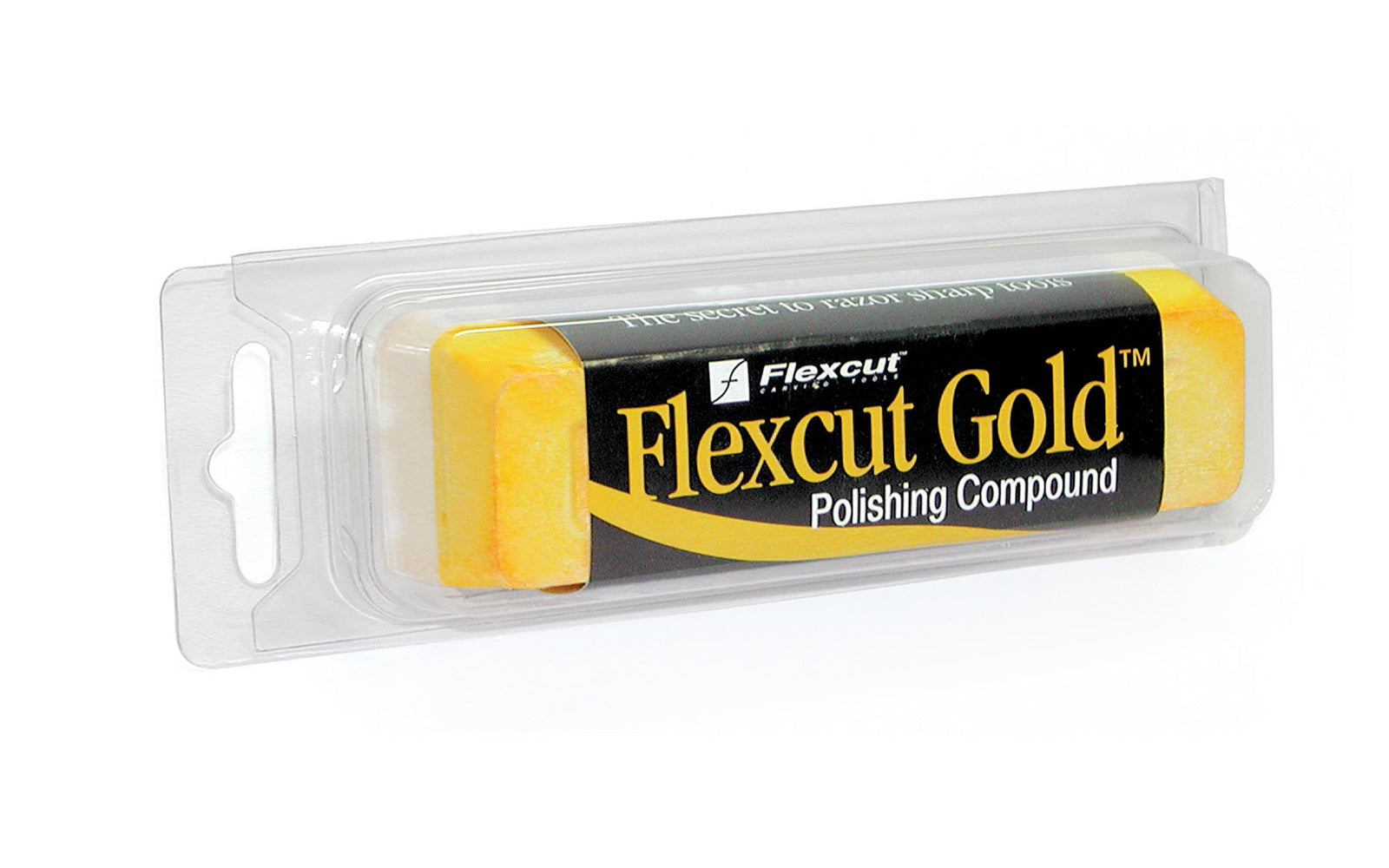 Flexcut Gold Polishing Compound ~ PW11 - Blend of aluminum & titanium oxide provides a balance between aggressive removal of hardened tool steels - Excellent for helping to get that razor sharp edge on carving tools - Helps produce a bright mirror-like polished edge