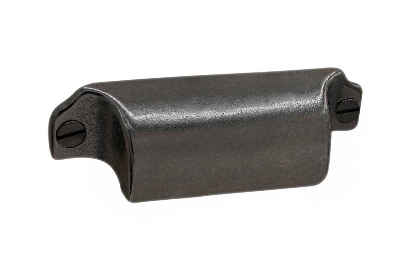 Rustic-looking cast iron bin pull with 3-1/8" on centers. Made of cast iron material, this bin pull is thick & stout with a good grip. This plain smooth bin pull dates in style from 19th century, & great for adding charm & style to your cabinets & drawers. Cast Iron Bin Pull ~ 3-1/8" on Centers. Vintage-style hardware