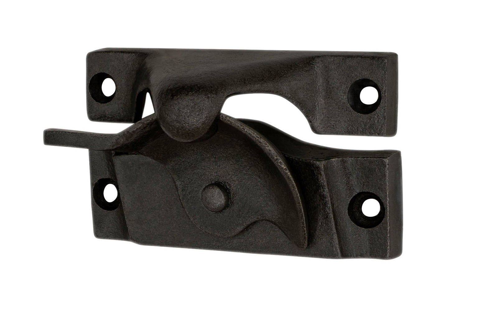 A rustic-looking Traditional Cast Iron crescent-style sash lock designed for sash or hung windows. This well-made lock is formed of cast iron material with a durable pivot turn. The turn operates smoothly & will lock & tighten your windows securely in place. Vintage cast iron finish. Model 88455