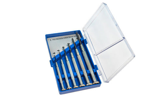 This six piece Jeweler's Screwdriver Set is ideal for doing close delicate work. Great for jewelers, instrument makers, subminiature parts, assemblers & model makers.  Slotted blade widths: 0.1 mm, 1.2 mm, 1.8 mm, 2.4 mm. Phillips sizes: 3.0 mm, 3.5 mm. Includes plastic case ~ Blades are nickel plated ~ Swivel Heads
