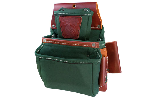 Occidental Leather "Oxy Lights" Green 3-Pouch Fastener Bag ~ Model 8060 - Fits a 3" work belt - Most popular "OxyLights" fastener bag. For framing & general carpentry applications. Holders for 1” blade square, angle square, cat’s paw loop, driver bits. Made of Nylon & genuine Leather - 9 total pockets & tool holders.