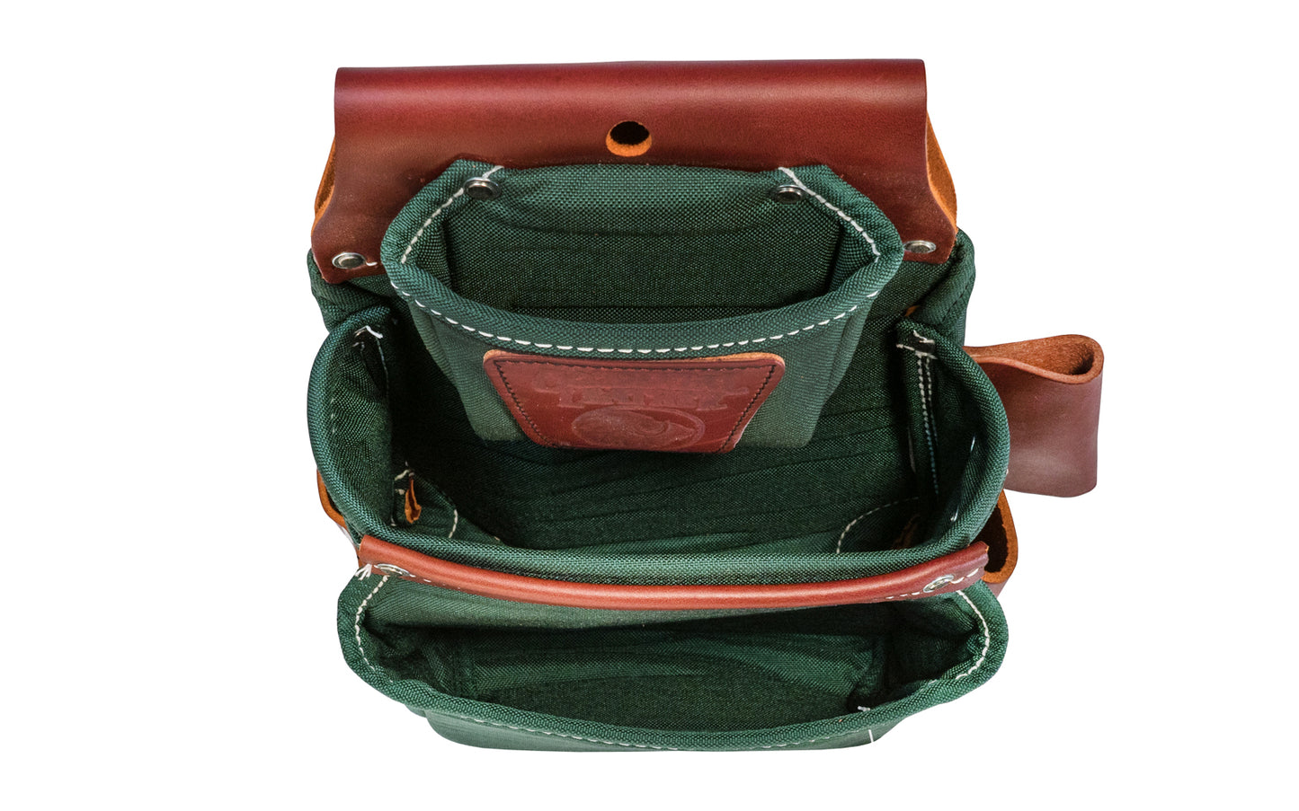 Occidental Leather "Oxy Lights" Green 3-Pouch Fastener Bag ~ Model 8060 - Fits a 3" work belt - Most popular "OxyLights" fastener bag. For framing & general carpentry applications. Holders for 1” blade square, angle square, cat’s paw loop, driver bits. Made of Nylon & genuine Leather - 9 total pockets & tool holders.