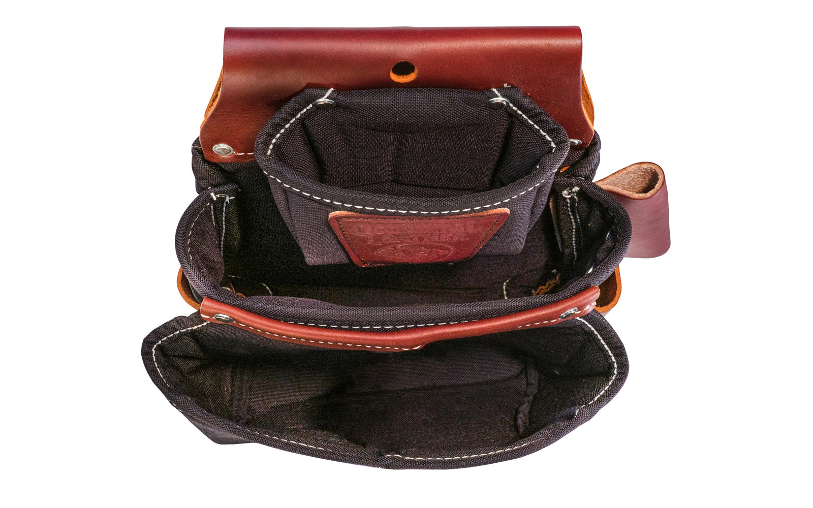 Occidental Leather "Oxy Lights" 3-Pouch Fastener Bag ~ Model B8060 - Fits a 3" work belt - Most popular "OxyLights" fastener bag. For framing & general carpentry applications. Holders for 1” blade square, angle square, cat’s paw loop, driver bits. Made of Nylon & genuine Leather - 9 total pockets & tool holders.