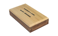 Black Hard Arkansas Bench Stone with Wooden Box ~ 4" x 2" - Made in USA ~ 4" Long  x  2" Wide  x  1/2" Thick - super-fine stone, it is sometimes referred to as the "Surgical Black Arkansas Stone". It is great for putting an ultimate edge on your tools & knives - Final Finish - Model No. BAB-42-C