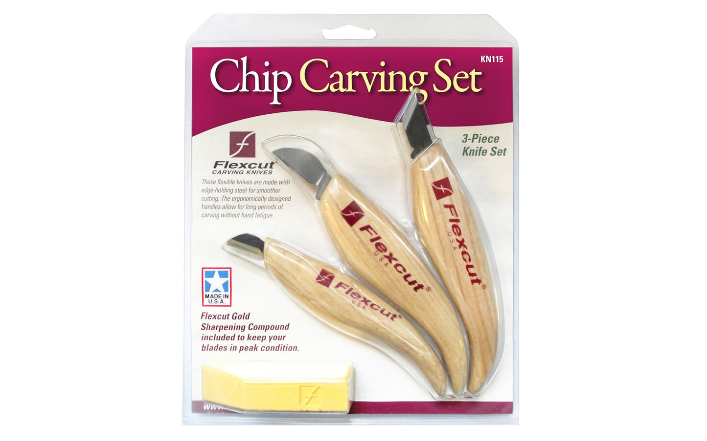 Flexcut 3-Knife Chip Carving Set ~ KN115 - KN11 Skew Knife,  KN15 Chip Carving Knife,  & KN20 Mini-Chip Carving Knife ~ High Carbon Spring Steel blades - Tempered to HRC 59-61 - Made in USA - Flexcut Three Piece Set ~ Flexcut 3-piece set - Chip Carving Set