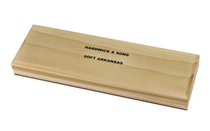 Soft Arkansas Bench Stone with Wooden Box ~ 8" x 2" - Made in USA ~ Good extra-fine stone. It is the least dense & coarsest grained of the natural Arkansas stones & good for starting an edge on your tools & knives; commonly used after synthetic or oil stone ~ Model No. MAB-82-C