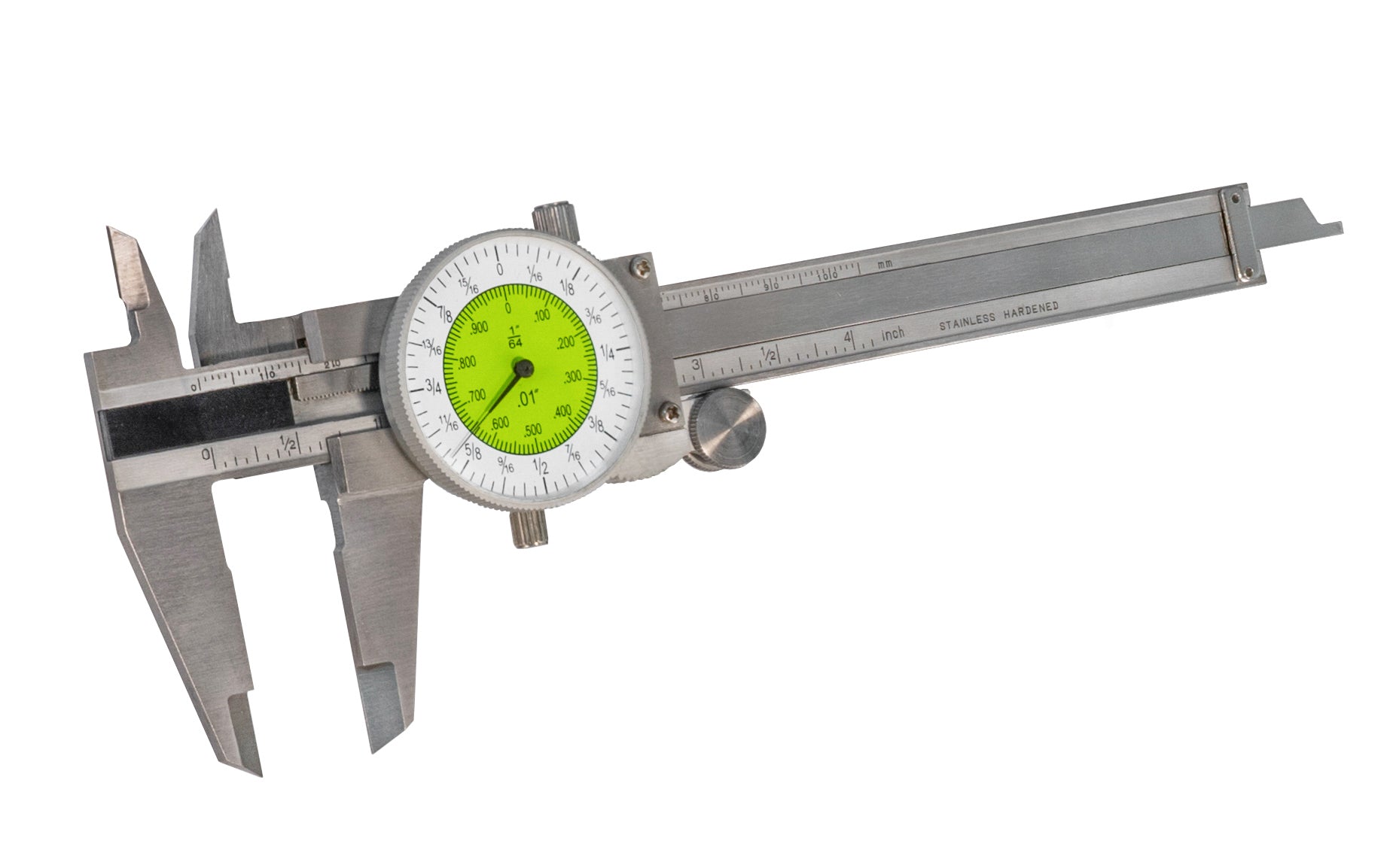 4" Fractional Inch Dial Pocket Caliper - 1/64" & .01 Grads - Dial travels 1" per revolution - Precision ground jaws - Stainless steel