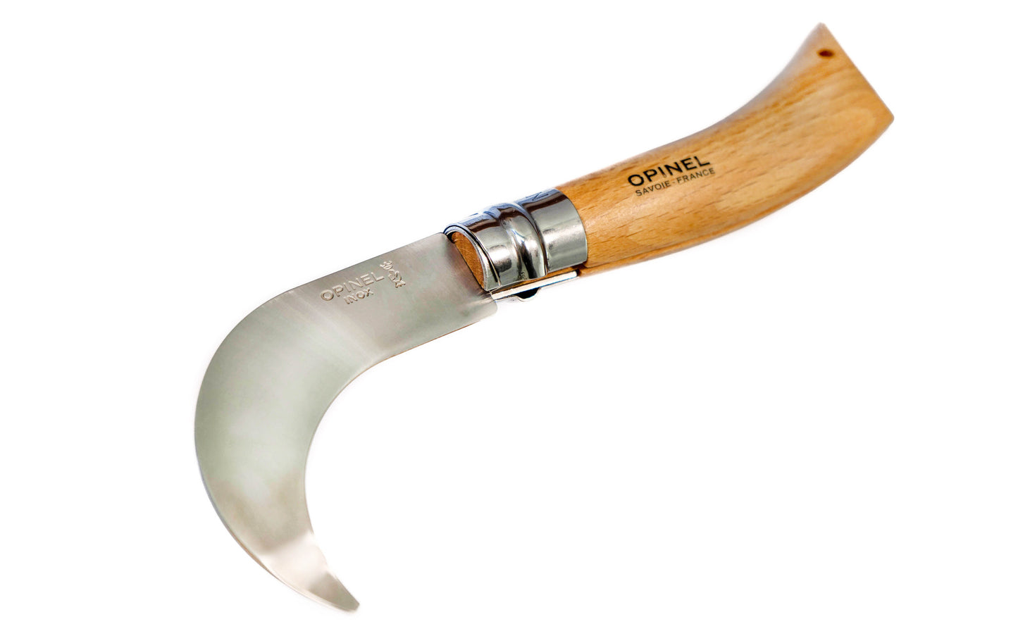 Opinel Stainless Steel No. 10 Pruning Knife ~ Made in France ~ 3-1/4" long foldable blade with stainless locking collar ~ Made of 12c27 Sandvik stainless steel ~ Beechwood handle ~ Specially curved blade