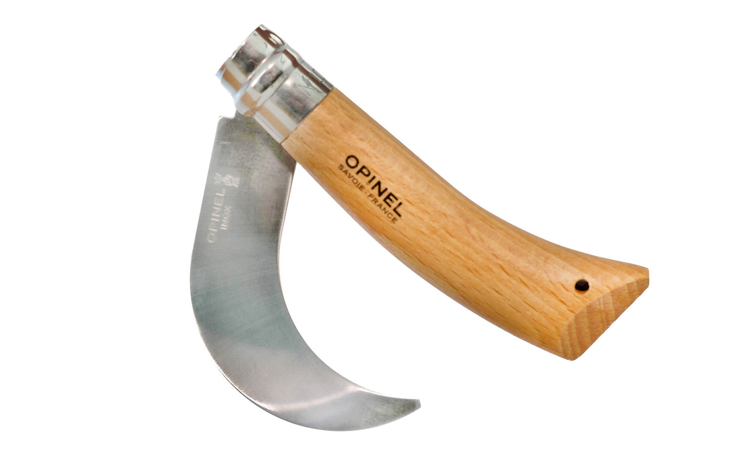 Opinel Stainless Steel No. 10 Pruning Knife ~ Foldable Blade ~ Made in France ~ 3-1/4" long foldable blade with stainless locking collar ~ Made of 12c27 Sandvik stainless steel ~ Beechwood handle ~ Specially curved blade